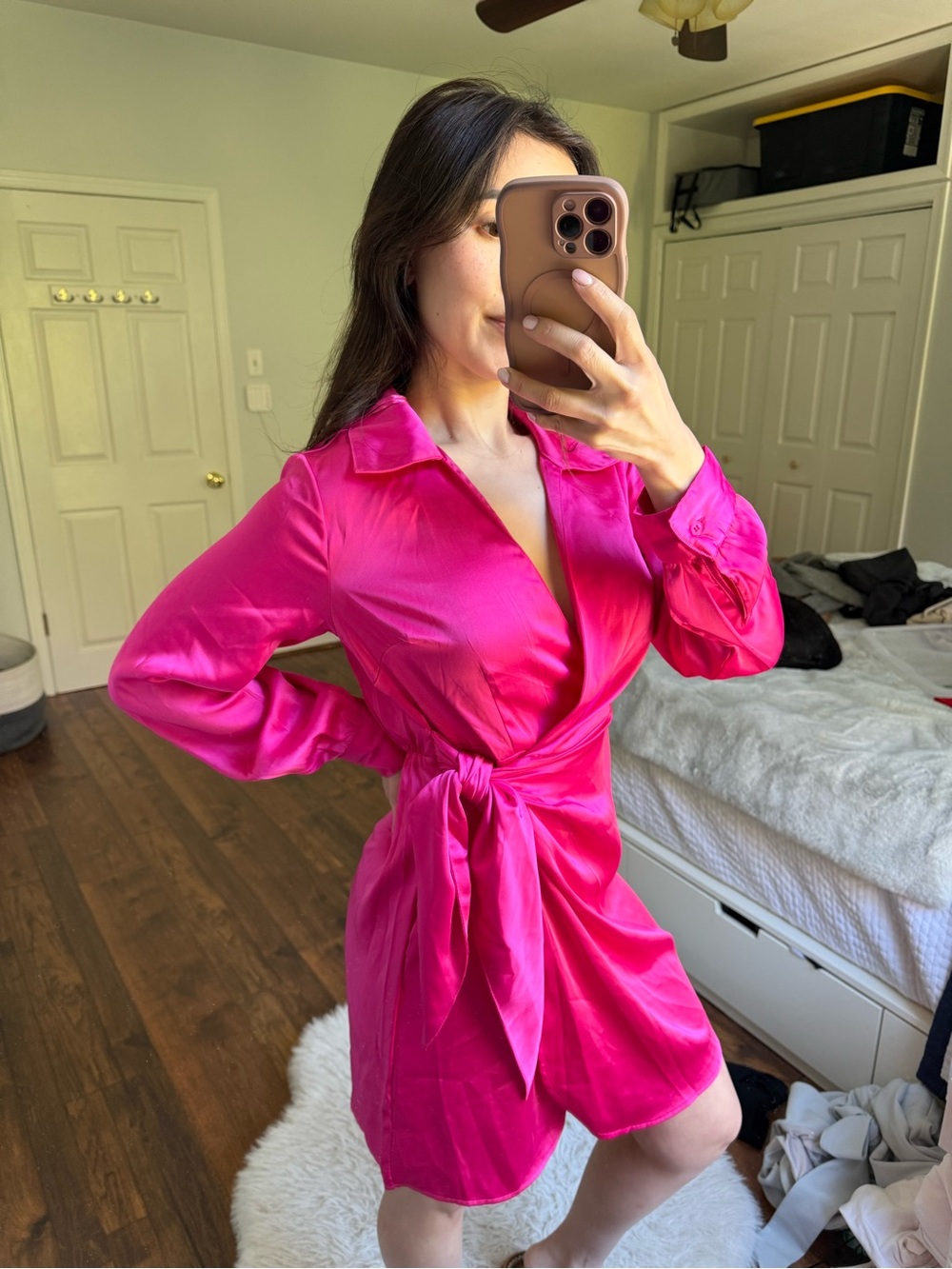 Sincerely Jules Hot Pink Satin Wrap Dress